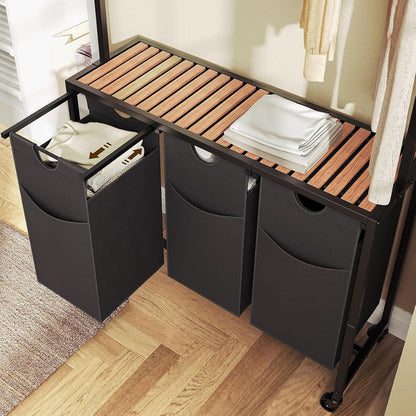 YATINEY Laundry Sorter 4 Section, Rolling Laundry Hamper with Hanging Rack, Laundry Sorter with Wheels, Hampers for Laundry, Laundry Basket Organizer for Laundry Room, Rustic Brown LS47BR