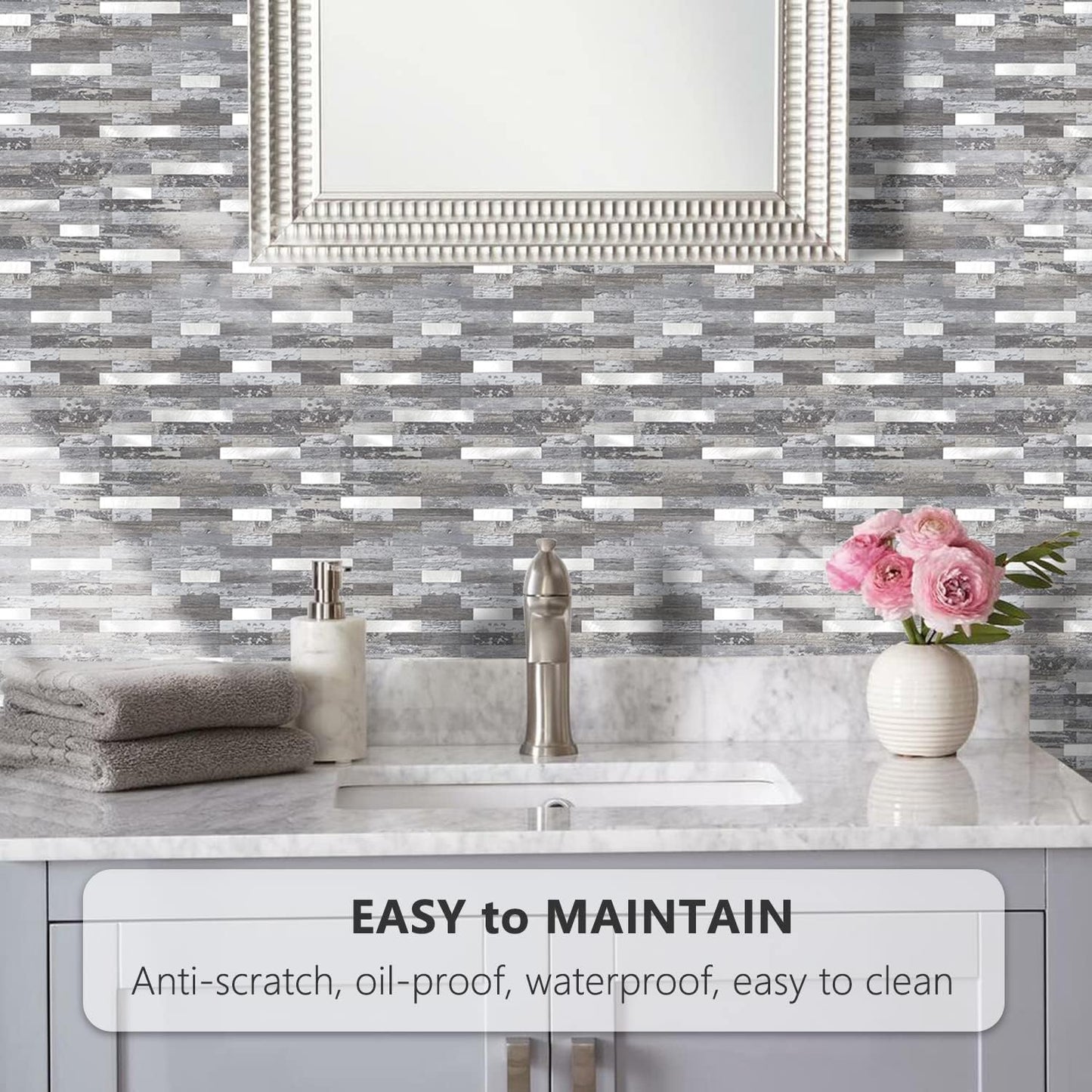 STICKGOO Peel and Stick Backsplash Tile, Stick on Backsplash for Kitchen and Bathroom, Volakas White Look PVC Mixed Metal Silver Self Adhesive Wall Tiles(Sample)