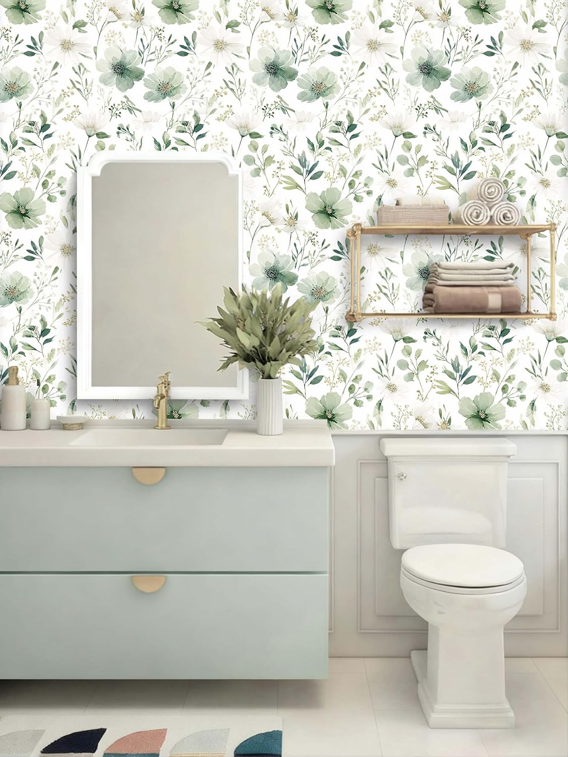 Sage Green Floral Peel and Stick Wallpaper Self Adhesive Removable Modern for Bedroom Accent Wall Renter Friendly Thick Watercolor Natural Flower Wallpaper 17.7" x 118"