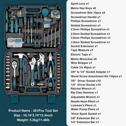 Sundpey Home Tool Kit 281-PCs - Portable Complete Basic Repair General Hand Tool Sets for Men Women - Full Tool Set with Socket Wrench Set & Screwdriver Set & Metric Hex Key & Pliers & Tool Box Case