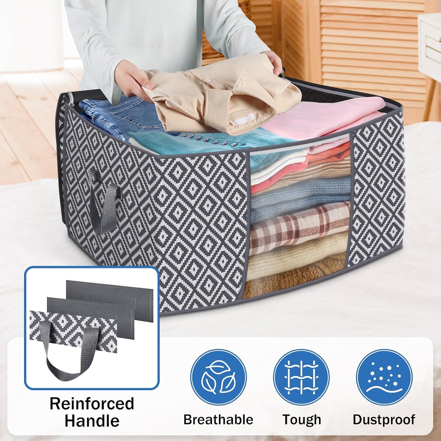 StorageTastic Direct 100L, 3 Pack, Storage Containers, Large Clothes Storage Bins Foldable Organization and Storage Bags with Reinforced Handle, Clear Window for Bedding, Blankets, Clothing, Grey