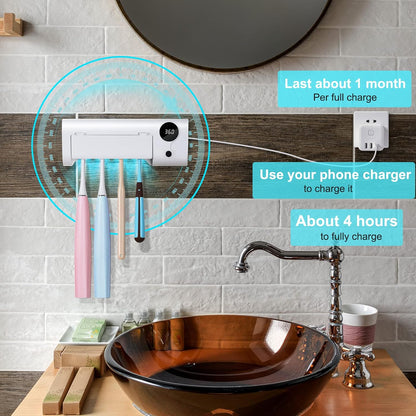 StarWin UV Toothbrush Holder for Bathroom, Timer Function, Rechargeable & Cordless Tooth Brush Cleaner Wall-Mounted, No Drilling, 4 Slots
