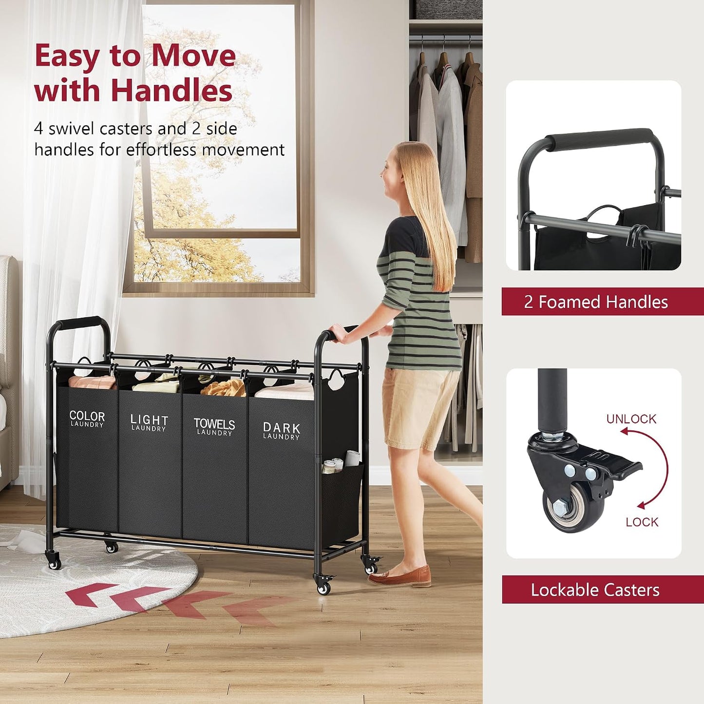 Tajsoon 4 Bag Laundry Sorter Cart, 4 Section Laundry Hamper Sorter with Heavy Duty Lockable Rolling Wheels, Laundry Separator Hamper with Removable Bags for Dirty Clothes Storage, Black
