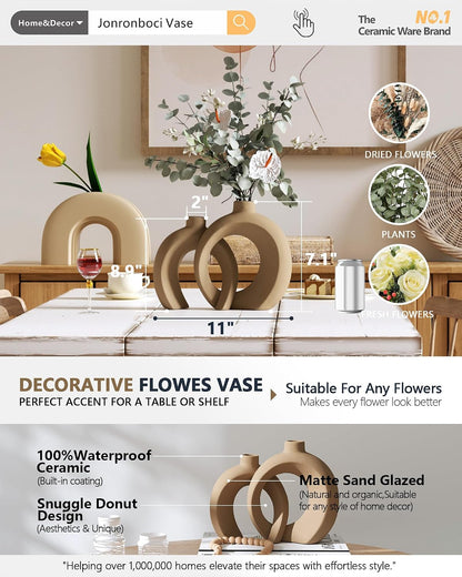 7.2″Hx8.9″H Donut Shape Decorative Vase Set of 2, Ceramic, Modern Minimalism Styles, Flowers or Plant Table Vases for Home Decor Living Room Shelf Entry Console Mantle Dining Centerpiece (Matte White)