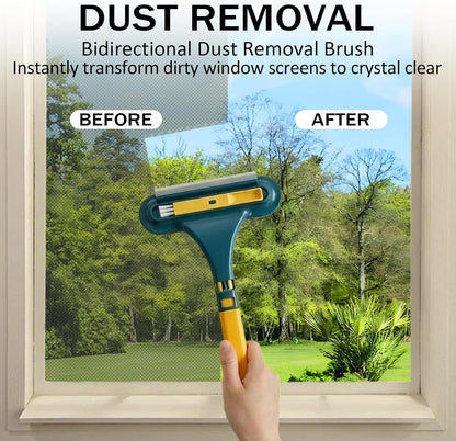 Window Screen Cleaning Brush, 2 in 1 Net Window Mesh Screen Cleaner Tool with Squeegee, Wet Dry Dual-Use Multi-Purpose Cleaning Brush for Dusty Corners, Patio Door Porch Screens, Blue