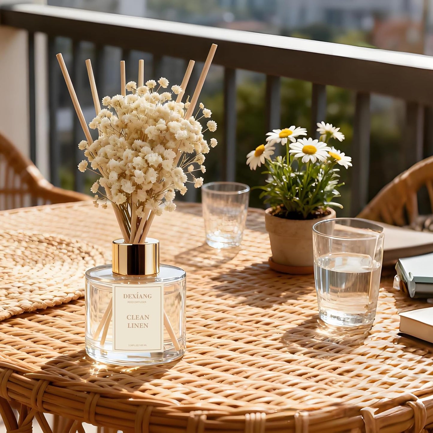 Reed Diffuser Set - 3.38 fl oz Lemon Verbena Premium Scented Oil with Preserved Baby's Breath & Cotton 6 Sticks | Long-Lasting Aromatherapy for Home, Bedroom, Bathroom, Office Home Decor