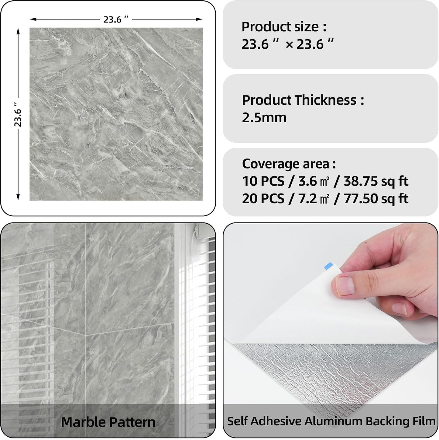 WADILE 10pcs Peel and Stick Shower Waterproof Marble Tiles Wall Panels, 11.8"x11.8" Self-Adhesive Backsplash, for Home Bathroom, Kitchen, Living Room White (Not Real Tile)