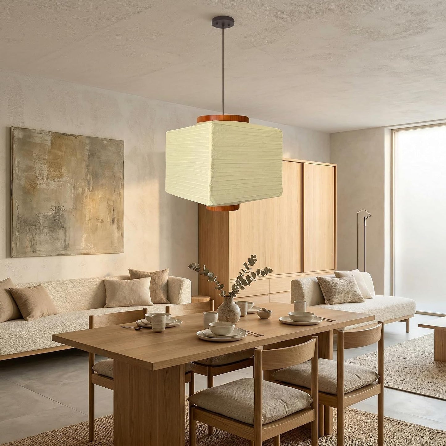 Nogy Paper Lantern Lamp Japanese Style Pendant Light - Off White Rice Hanging Paper Lamp Shade with Cord (11.5 Hardwired Square (Ceiling))