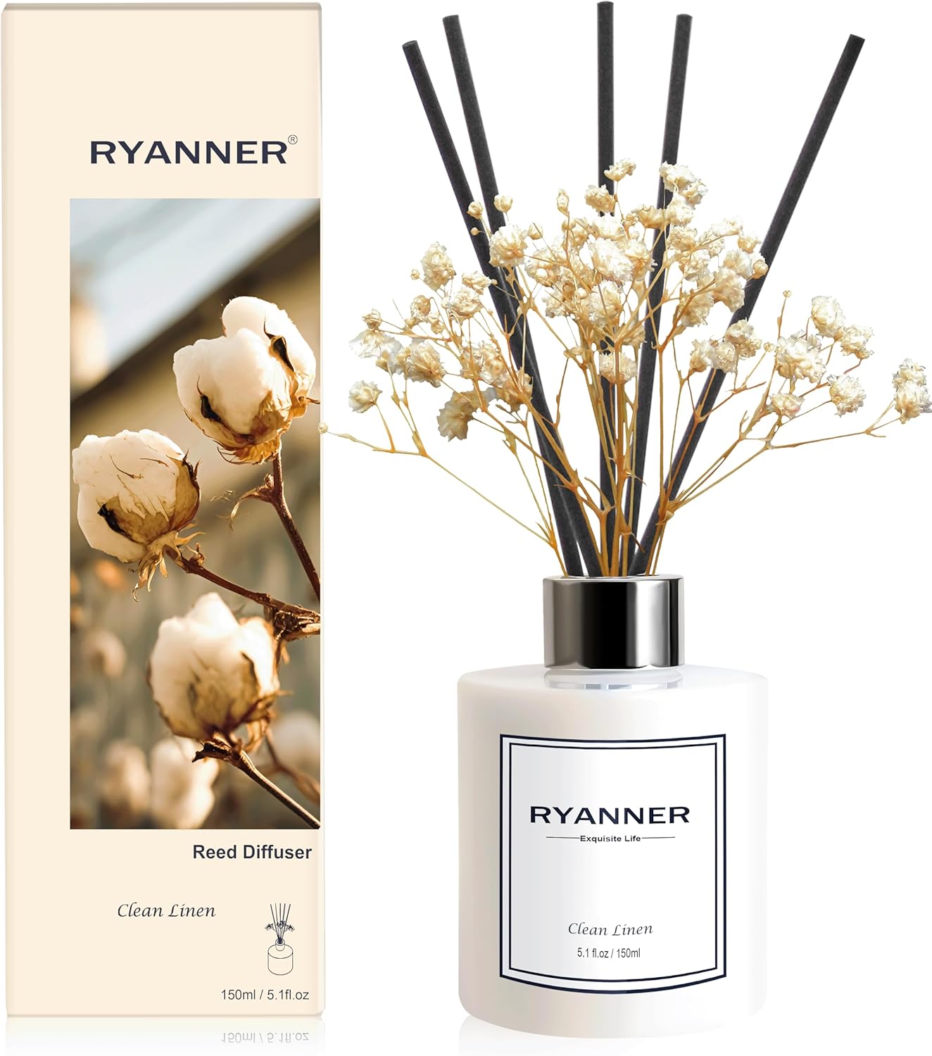 Reed Diffuser Set,5.1 fl oz Clean Linen Scent Diffuser with Sticks Home Fragrance Reed Diffuser with Essential Oil for Bathroom Shelf Decor&Air Freshener,Home Bathroom Office Decor & Gifts