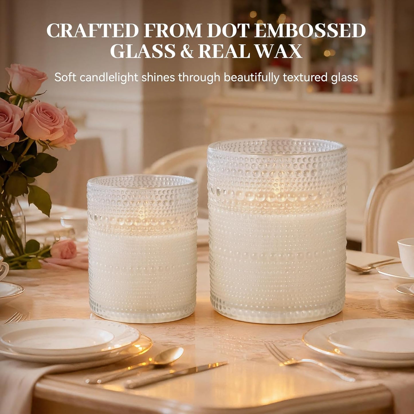 Dotted Glass Flameless Candles with Remote Timer, Real Wax Battery Operated LED Pillar Candles with 3D Flickering Flame for Festival Wedding Home Party Decor, 3" x 4", 4" x 5", Set of 2 (White)