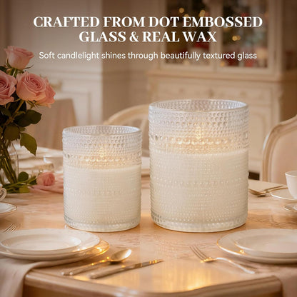 Dotted Glass Flameless Candles with Remote Timer, Real Wax Battery Operated LED Pillar Candles with 3D Flickering Flame for Festival Wedding Home Party Decor, 3" x 4", 4" x 5", Set of 2 (White)