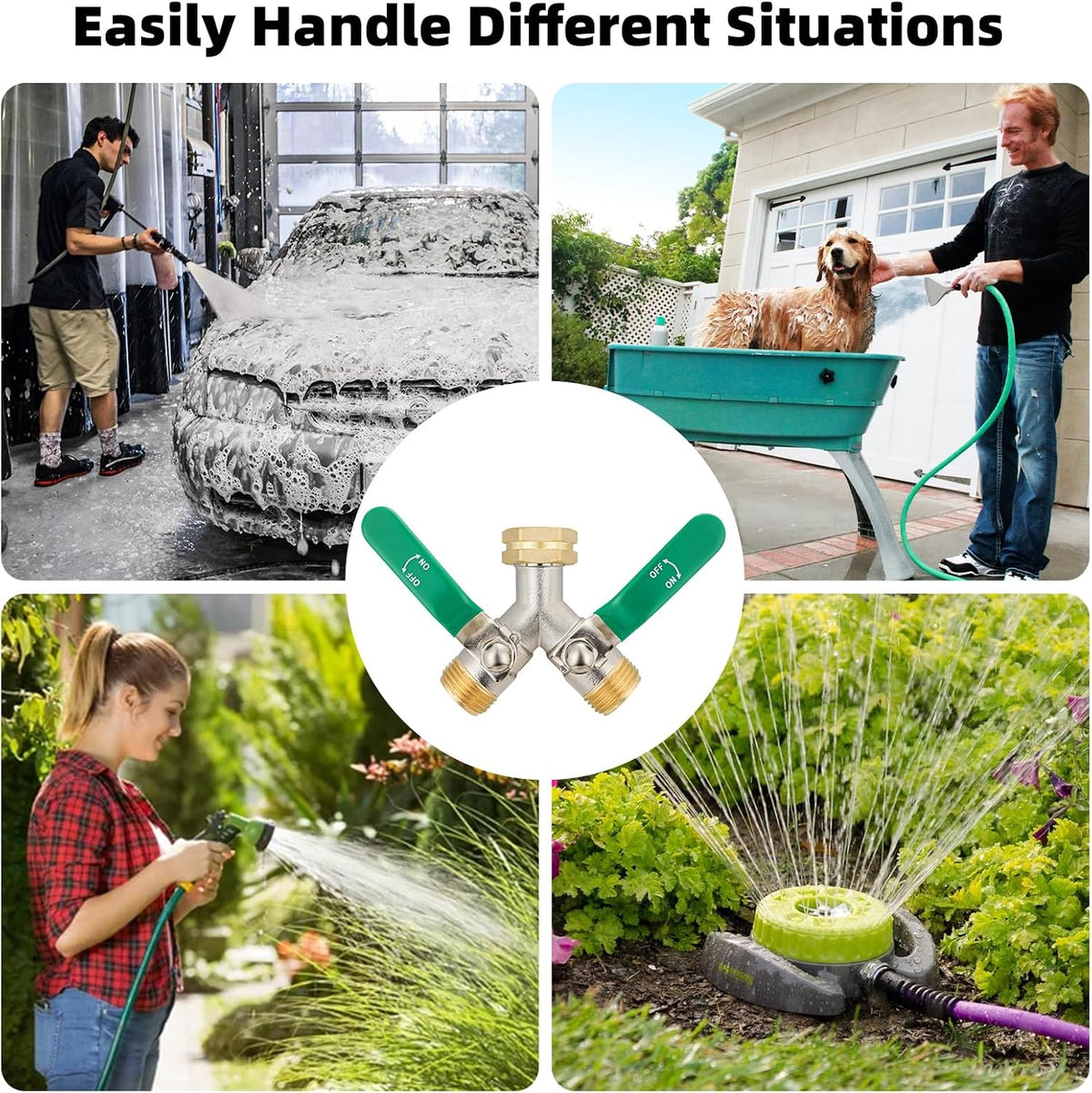 Hose Splitter 2 Way, High Flow Garden Hose Splitter, 3/4” Ght Inlet Brass Heavy Duty Hose Converter, Full Flow water 2 Way Faucet hose splitter, Long Handle Hose Valve Large Outlet.