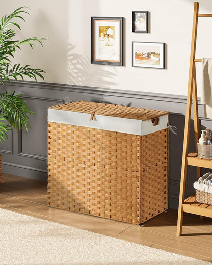 Greenstell Laundry Hamper with 2 Removable Liner Bags, Foldable Divided Clothes Hamper, 90L Handwoven Rattan Laundry Basket with Lid and Handles, No Assembly Needed, 18.3x13.3x24 Inches, Black