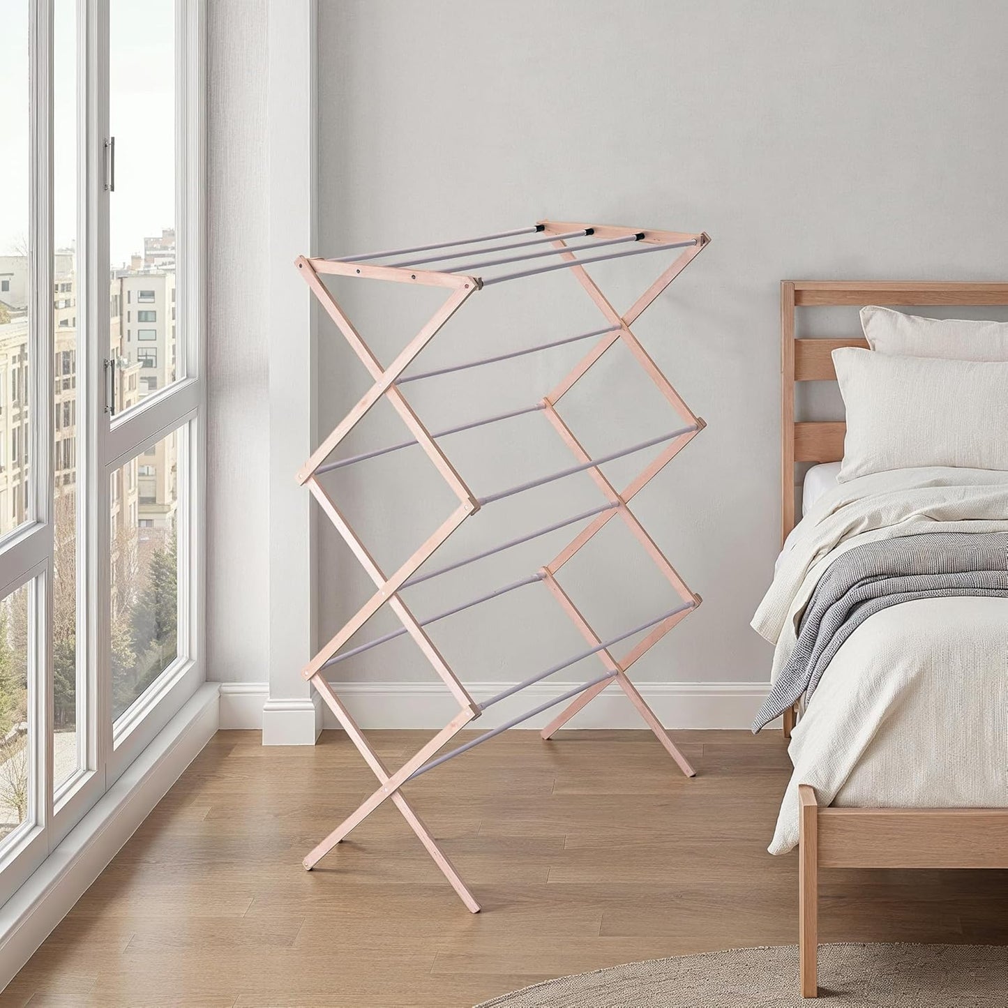 Household Essentials X-Frame Clothes Drying Rack, Stabile Wood Frame with Slanted Feet, Smooth Vinyl Wrapped Rods, 23.8 Feet of Hanging Space, Ready to Assemble, Flat Top, Natural
