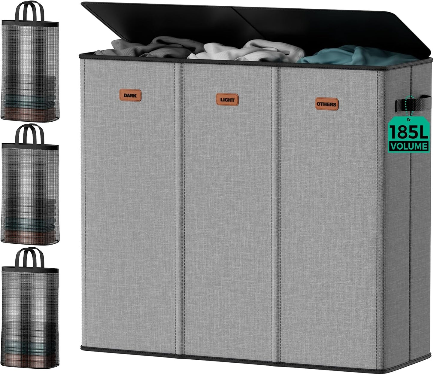 185L Laundry Hamper 3 Section with Lid & Removable Bags | Collapsible laundry basket organizer for laundry room, bedroom & dorm with 3 removable washing bags