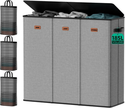 185L Laundry Hamper 3 Section with Lid & Removable Bags | Collapsible laundry basket organizer for laundry room, bedroom & dorm with 3 removable washing bags