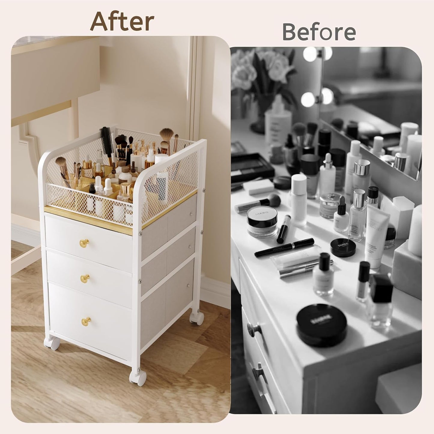 Rolling Makeup Organizer Cart with 3 Drawers, Under Desk Vanity Makeup Storage Cart, Bathroom Storage Cart Cosmetic Display Cases Cabinet for Nail Polish, Brushes & Hair Tools, Gold