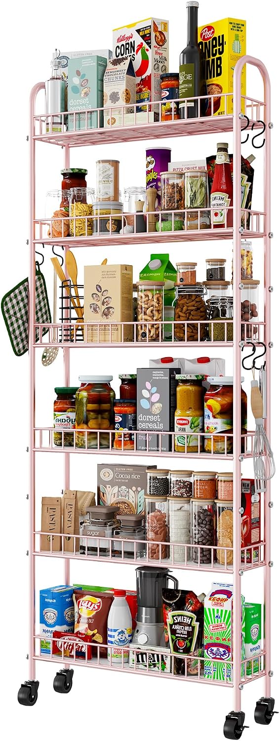 Slim Rolling Storage Cart with Wheels, Metal 6 Tier Spice Rack Mobile Shelving Unit Organizer Kitchen Utility Cart for Office Bathroom Kitchen Laundry Room Narrow Places (6inches)