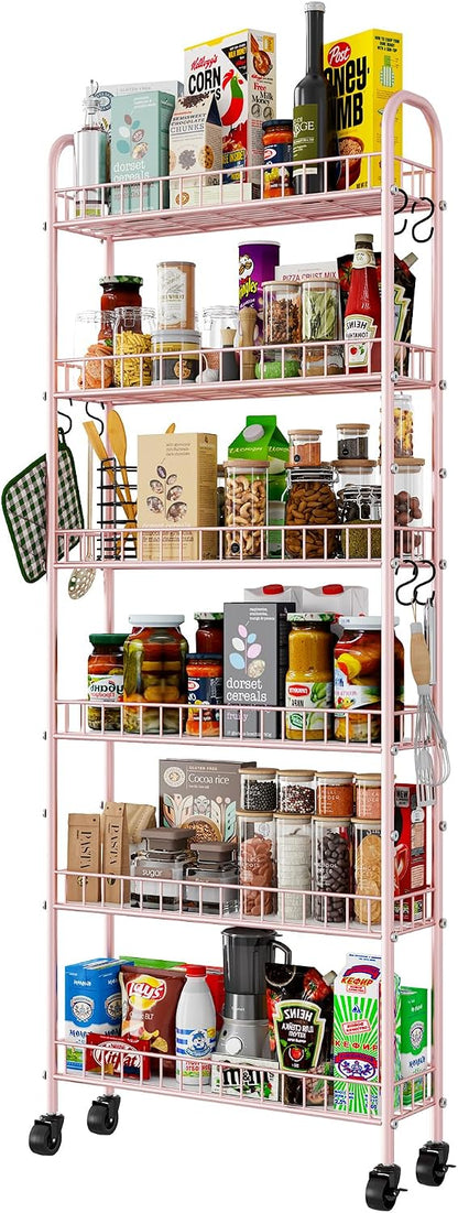 Slim Rolling Storage Cart with Wheels, Metal 6 Tier Spice Rack Mobile Shelving Unit Organizer Kitchen Utility Cart for Office Bathroom Kitchen Laundry Room Narrow Places (6inches)