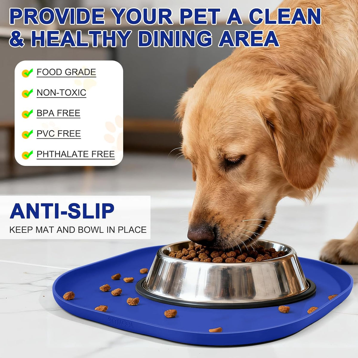 SMILOOL Silicone Pet Food Mat with Raised Edge for Food and Water Bowl, Dog Feeding Mats, Cat Food Trays for Floor Waterproof, Rubber Tray for Dogs and Cats, 19 x 12 x 0.7 Black