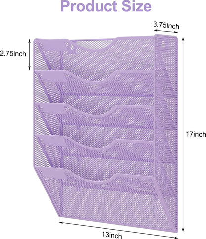 EasyPAG 5 Pocket Mesh Wall File Organizer with Key Hooks, Hanging Paper Folder Holder with Classify Label, Vertical Wall Mount Mail Organizer for Office Home Classroom, Black