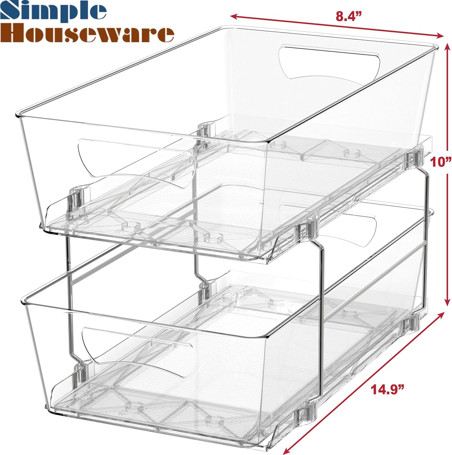 Simple Houseware 2 Tier Basket Drawer Cabinet Pull-Out Organizer, 2 Pack, Clear