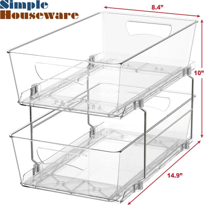 Simple Houseware 2 Tier Basket Drawer Cabinet Pull-Out Organizer, 2 Pack, Clear