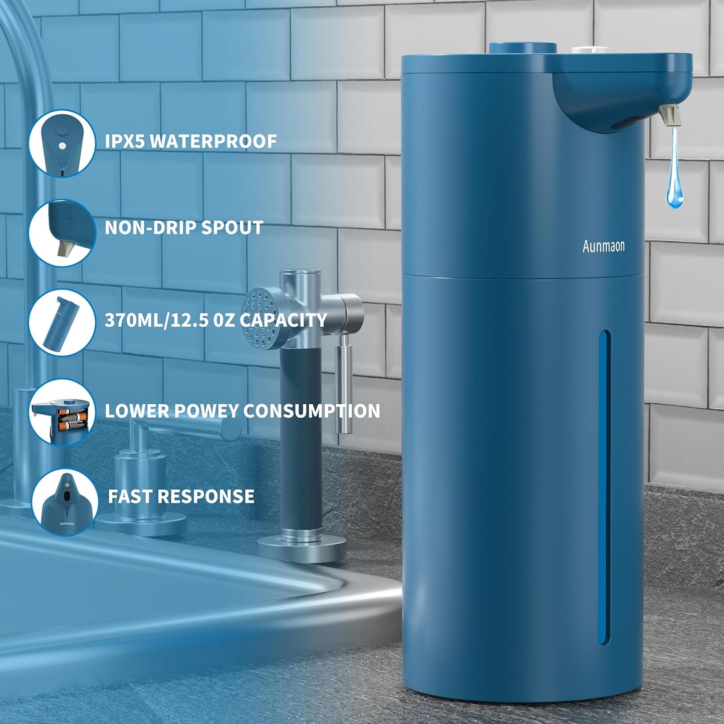 Aunmaon Automatic Soap Dispenser Touchless, Hands-Free, Multi Adjustable Volume, Long Battery Life, Compatible with Thick & Thin Dish/Hand Soap for Bathroom and Kitchen, Easy for Toddlers, Black