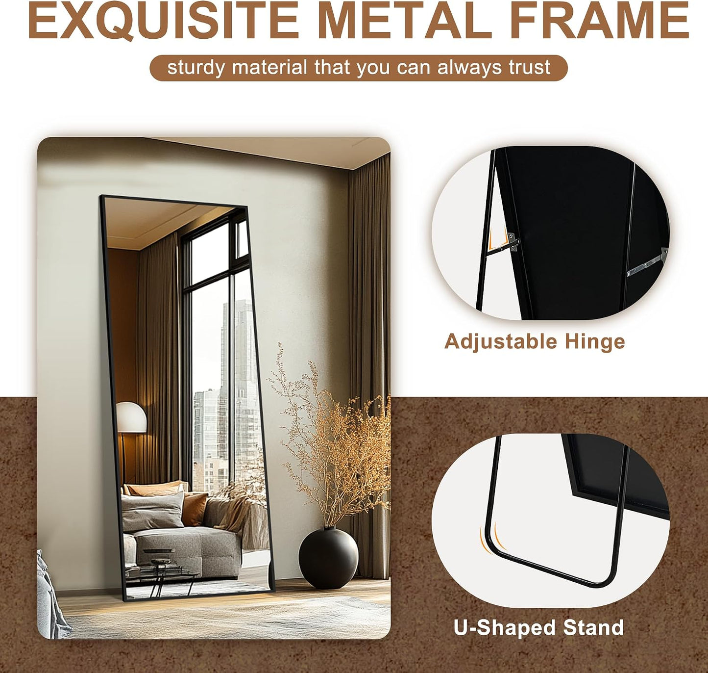Delma Wall Full Length Mirror,Standing Mirror Full Body,Large Floor for Wall Door Bedroom Bathroom Living Room with Aluminium Frame(with Stand,56x15-Black)
