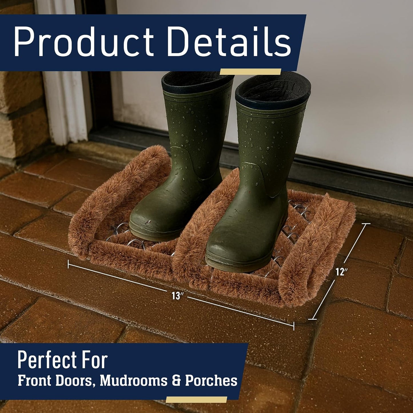 Kings County Tools Natural Coir Doormat - 13” x 12.5” Boot Brush Scraper Outdoor or Indoor Shoe Cleaner Brush Door Mat - 2.5” Thick Outdoor Boot Scraper with Stainless-Steel Wire Frame