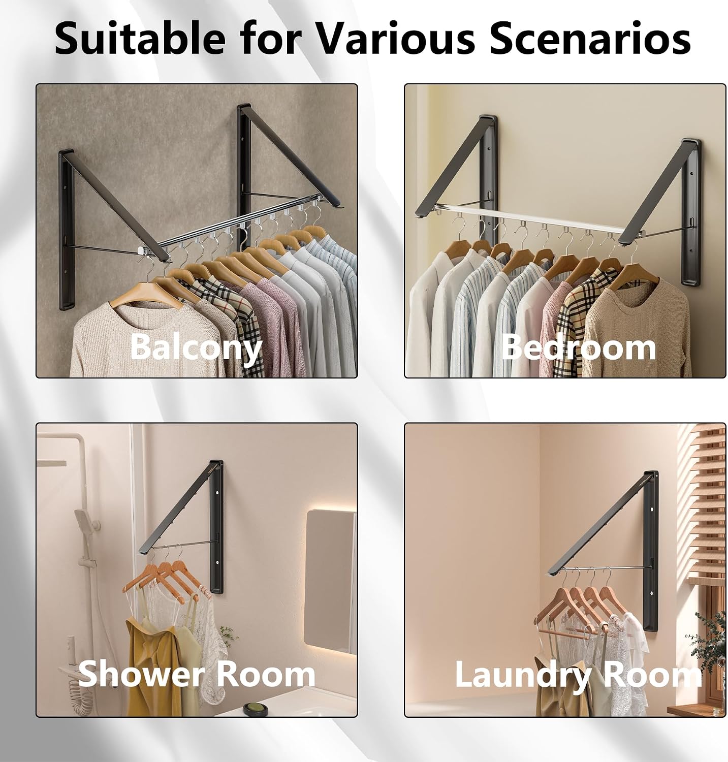 Dr.DJ Clothes Drying Rack Wall Mounted, Retractable & Foldable Clothes Hanger for Laundry Room Organization and Storage, Clothes Hanger Rack for Dorm, Closet, Balcony, Laundry Room(1P, Metal, Black)