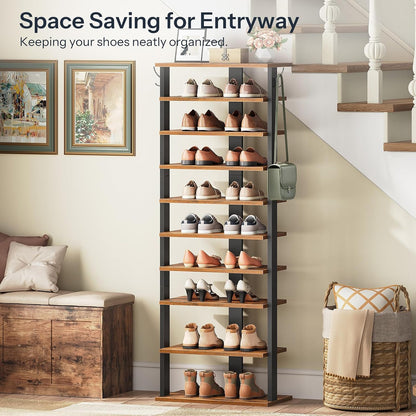 HOOBRO 8 Tiers Vertical Shoe Rack, Wooden Shoe Storage Organizer with Hooks, Narrow Shoe Tower for 8 Pairs, Space Saving, for Entryway, Living Room, Bedroom, Rustic Brown BF07XJ01G1