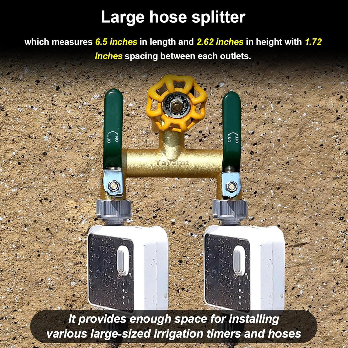 Garden Hose Splitter, 3/4” Rust and Freeze Resistant Outdoor Hose Manifold with 2 Green Extra Long Handles Faucet Adapter-Heavy Duty Brass 2-Way Valve