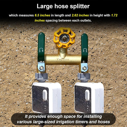 Garden Hose Splitter, 3/4” Rust and Freeze Resistant Outdoor Hose Manifold with 2 Green Extra Long Handles Faucet Adapter-Heavy Duty Brass 2-Way Valve