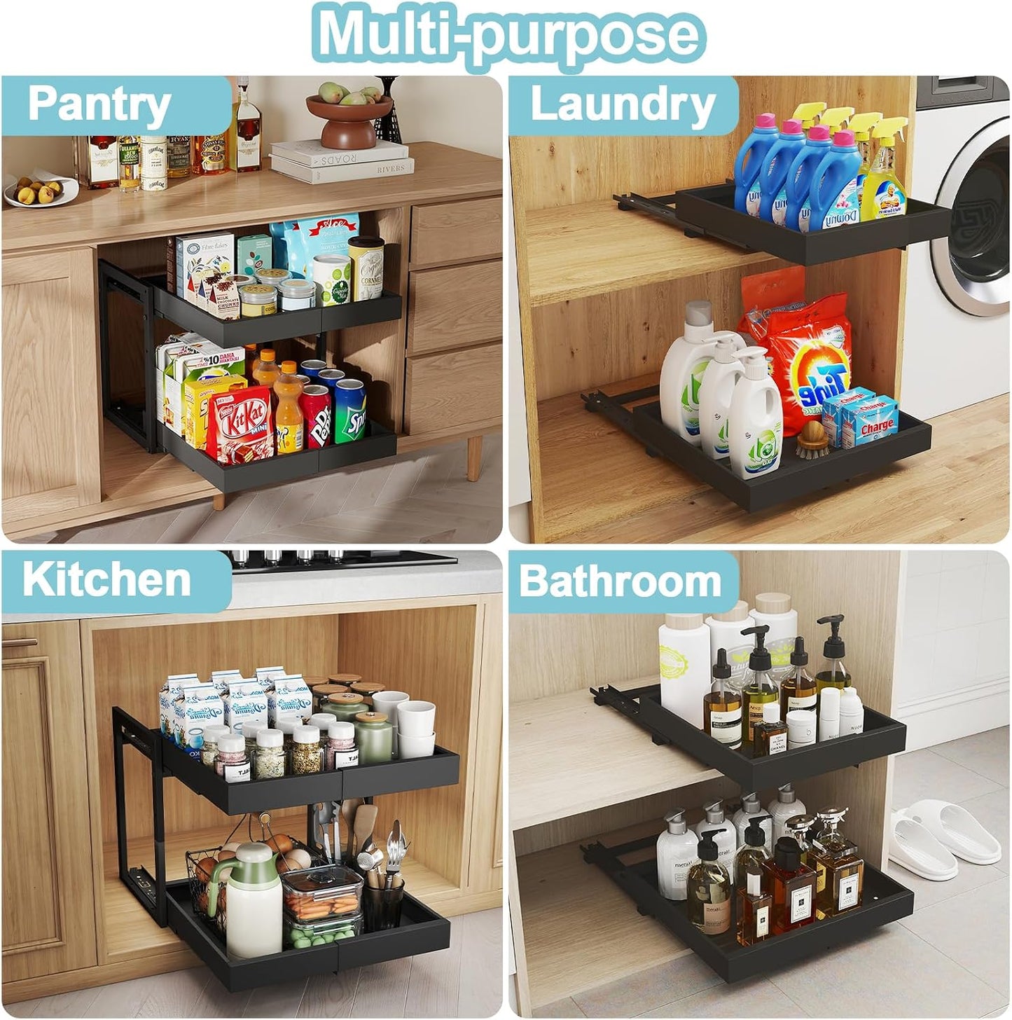 Golener 2-Tier Expandable Pull Out Cabinet Organizer - Slide Out Drawers for Kitchen Cabinets, Bathroom Organizers and Storage, Under Sink Organizer for Kitchen Storage Organization, White Metal Frame