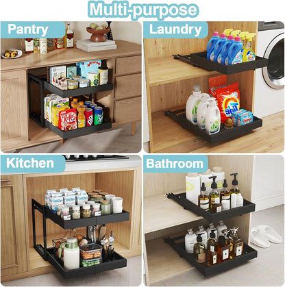 Golener 2-Tier Expandable Pull Out Cabinet Organizer - Slide Out Drawers for Kitchen Cabinets, Bathroom Organizers and Storage, Under Sink Organizer for Kitchen Storage Organization, White Metal Frame