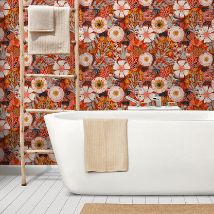 HAOKHOME Boho Peel and Stick Wallpaper Floral Wall Paper Removable for Bedroom Navy/Pink/Orange Contact Paper 17.7in x 9.8ft