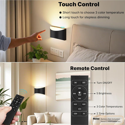 FOLKSMATE Battery Operated Wall Sconces Set of 2, 8000mAh Rechargeable Remote & Touch Control Wall Lamps, 3 Color Temperatures, Timer Dimmable Light for Bedroom, Living Room, Hallway