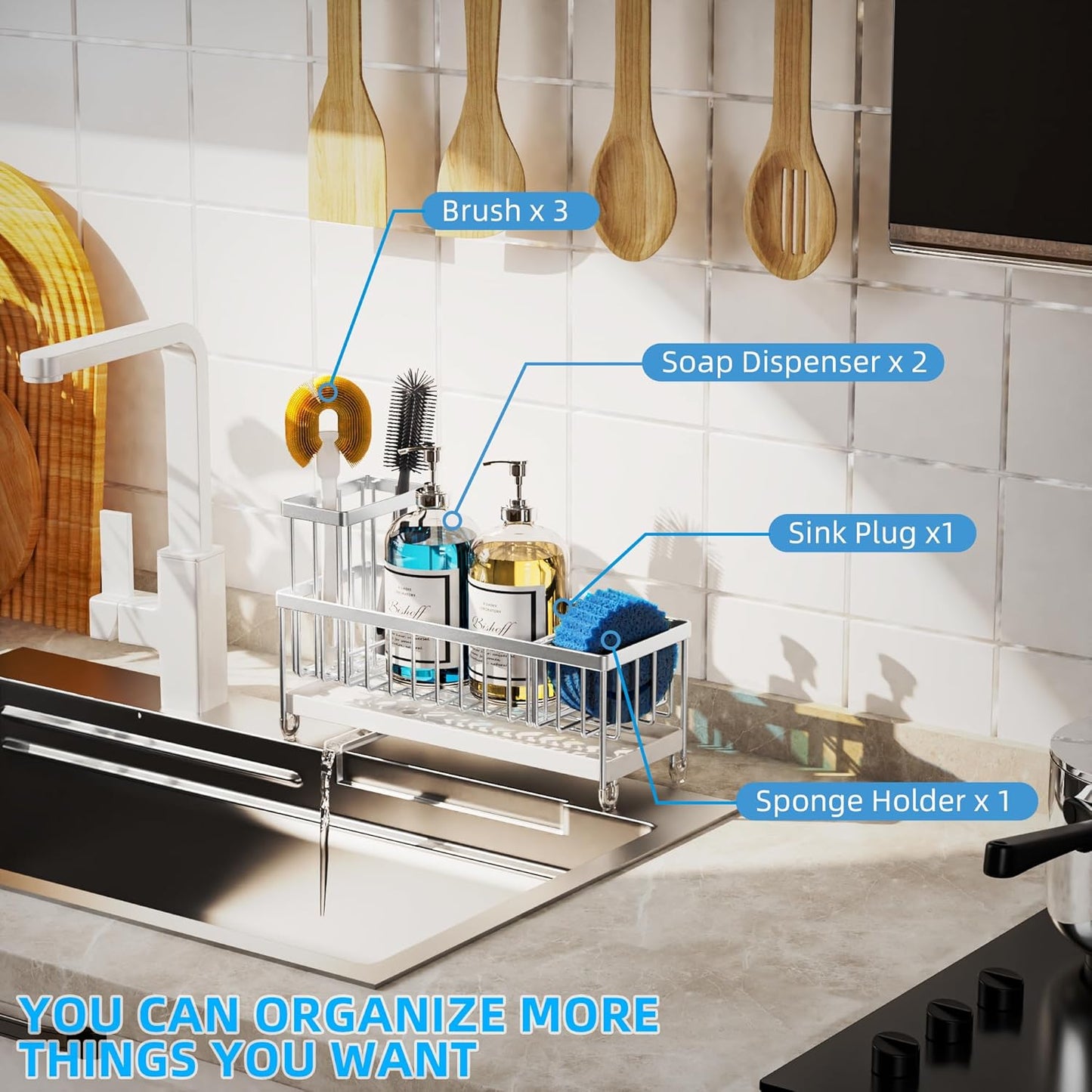 Moforoco Extra Large Sponge Holder for Kitchen Sink Organizer Caddy, Dish Brush Scrubber Holder,Stainless Steel Sink Box Utensil Holder,Soap Dispenser Set Tray Counter Accessories & Storage Rack