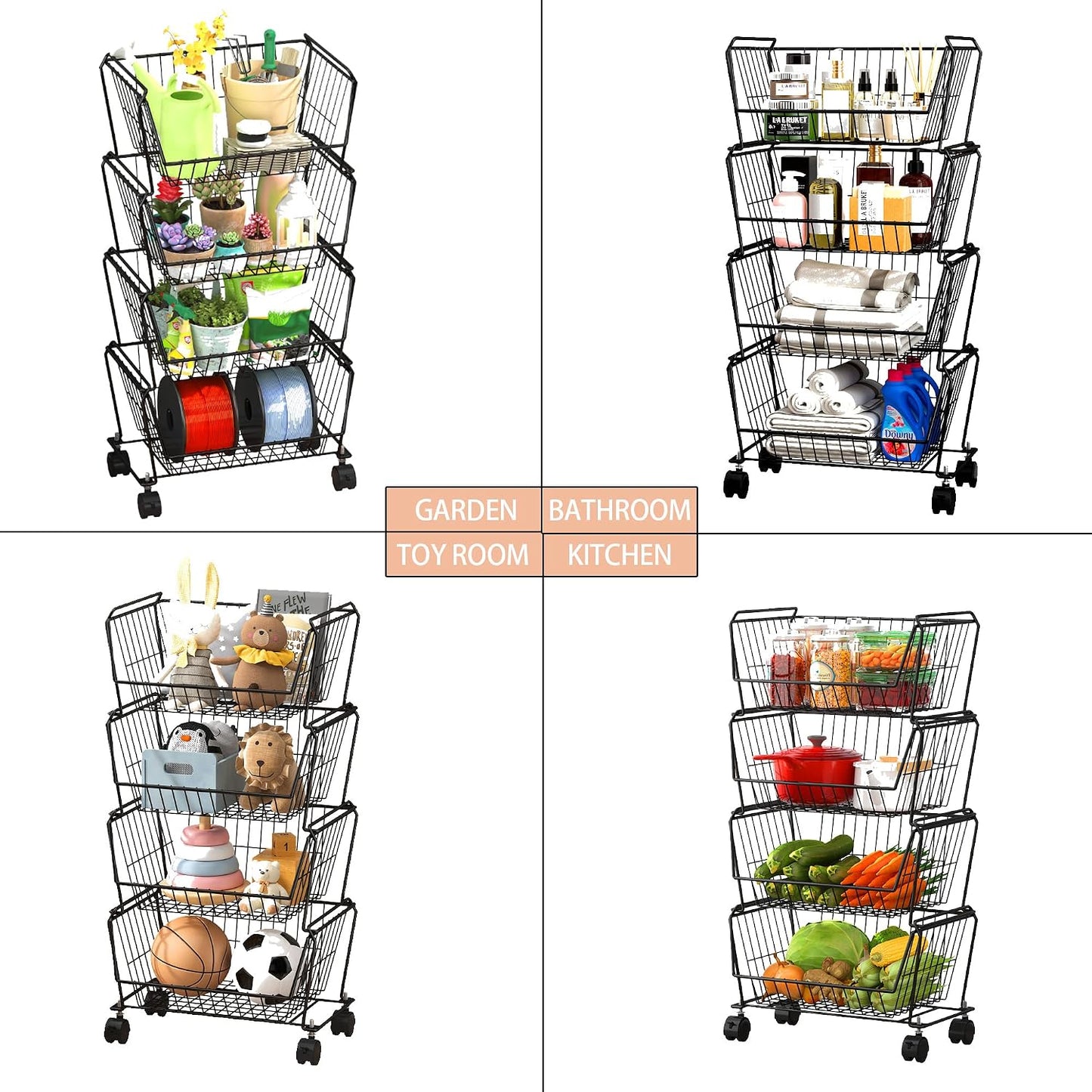 PUSDON 6-Tier Tall Stackable Wire Storage Baskets with Wheels, Vertical Metal Rolling Utility Cart, High Capacity Produce Basket for Kitchen Pantry, Snack Organizer, Matte Black