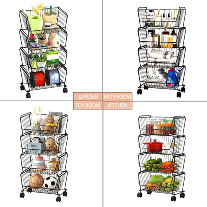 PUSDON 6-Tier Tall Stackable Wire Storage Baskets with Wheels, Vertical Metal Rolling Utility Cart, High Capacity Produce Basket for Kitchen Pantry, Snack Organizer, Matte Black