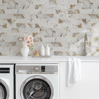 Vamos Tile 100-Piece Glossy Dolomite White Peel and Stick Backsplash Tile,3''x6'' PVC Subway Tile with White Grout, Stick on Backsplash for Kitchen/Bathroom/Fireplace