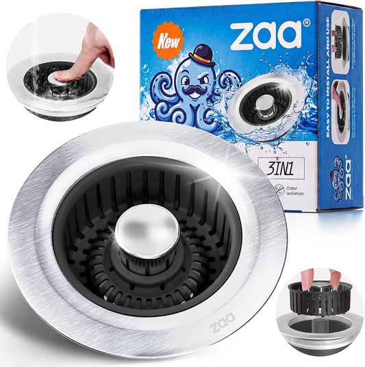 Sink Drain Strainer - Sink Stopper Kitchen Drain, 3 in 1 Kitchen Sink Drain Strainer with Anti-Clogging Basket, Kitchen Gadgets Clearance Sink Accessories, Fit US Standard 3-1/2'' Sink Hole, Silver