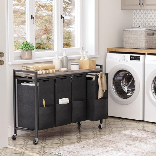 HOOBRO Laundry Sorter 4 Sections, Laundry Hamper with Wheels, 4 × 10.5 Gal (40 L), Rolling Laundry Basket, Pull-Out and Removable Oxford Fabric Bags, Rustic Brown and Black BF04XY01