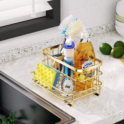 HapiRm Kitchen Sink Organizer, SUS304 Stainless Steel Rustproof Multifunctional Large Sink Caddy with Sponge Holder and Drain Tray for Kitchen Countertop (Silver)