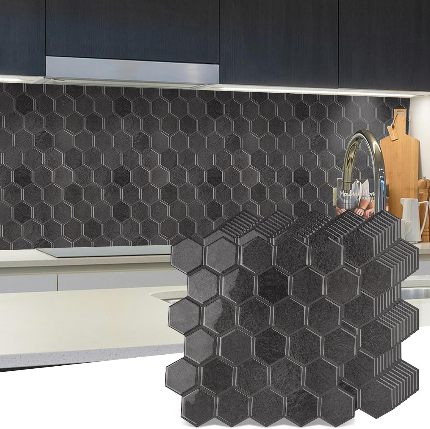 10-Sheet Hexagon Peel and Stick Backsplash for Kitchen, New Upgrade Premium Extra Thicker Design 3D Self Adhesive Wall Tiles, Large Stick on Tiles for Kitchen and Bathroom (12" x 12")
