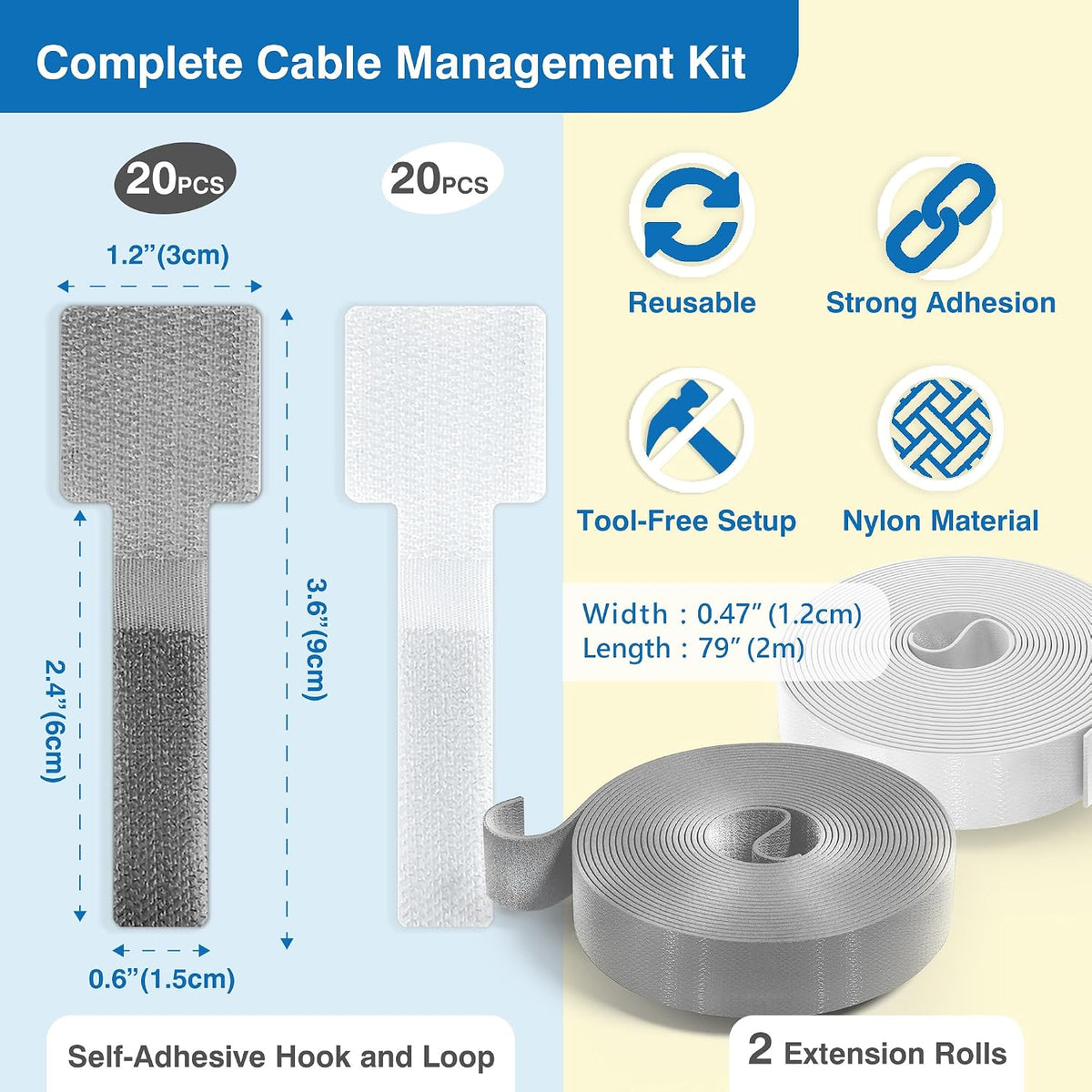 Cable Management Kit – 40 Self-Adhesive Hook & Loop Cable Ties with 2 Extension Straps, Strong Adhesive Cord Organizer for Desk, Wall, Home & Office – Adjustable Wire Holders (Black)