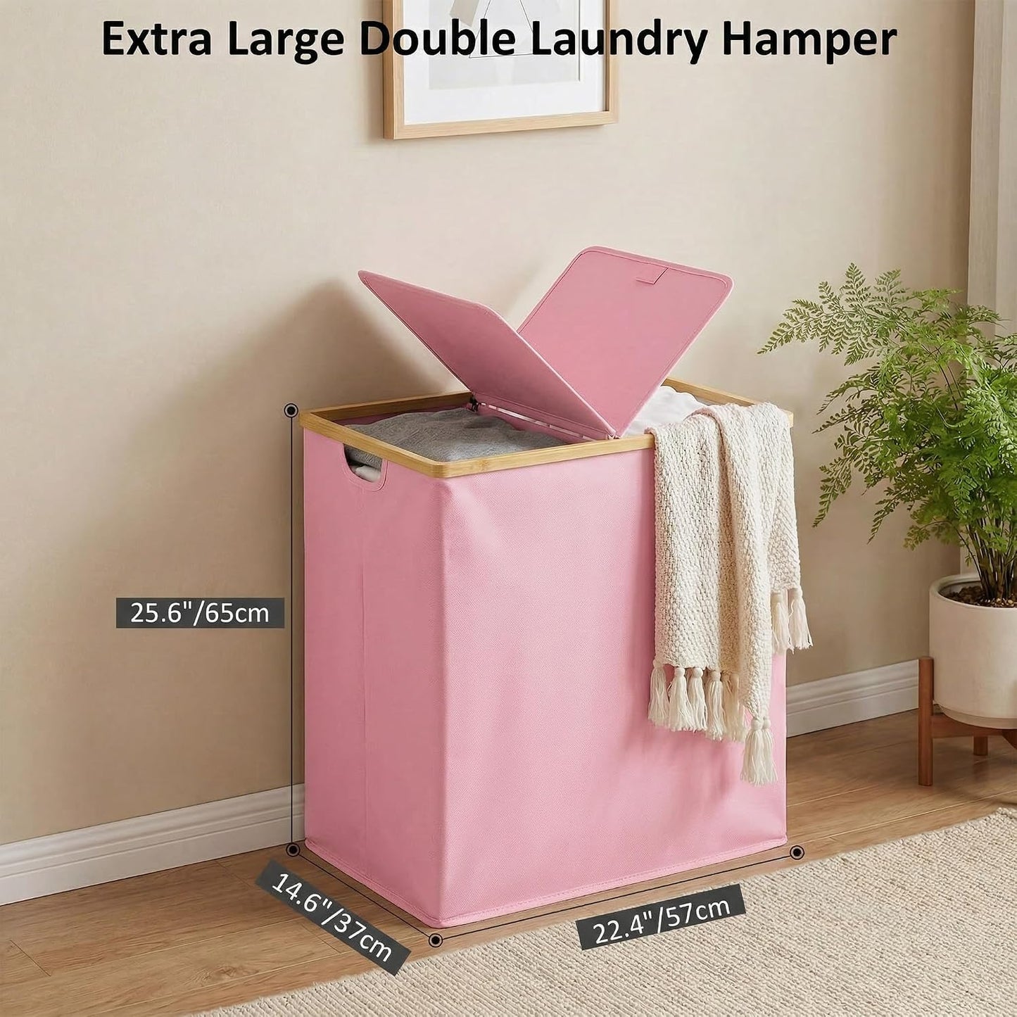 efluky Laundry Hamper with Lid, Trio Laundry Basket with 2 Removable Bags, 3 Section Laundry Bin with Bamboo Handles for Bathroom, Bedroom & Laundry Room, 160L (42.3 Gallon) Beige