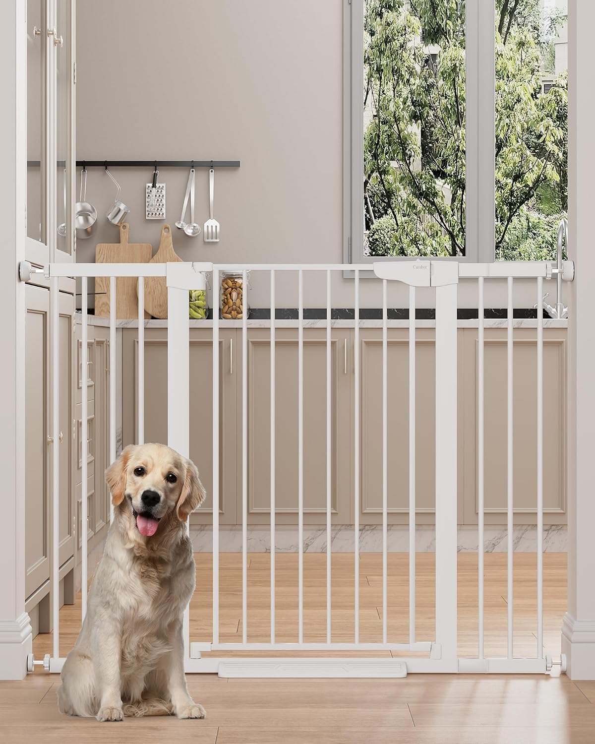 Cumbor 29.7-48" Baby Gate for Stairs, Mom's Choice Awards Winner-Dog Gate for Doorways, Auto Close Safety Pet Gate for Dogs Indoor, Easy Install Pressure Mounted Child Gate with Walk Thru Door, Brown