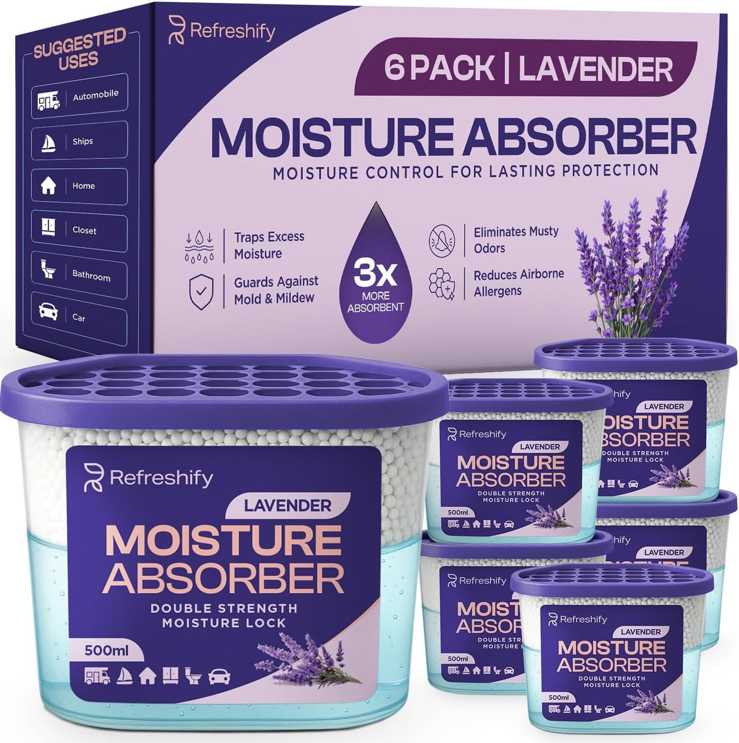 Premium Moisture Absorbers and Dehumidifier Tubs – High-Efficiency Closet Dehumidifier and Dehumidifier for Car, Odor Control Fragrance Free, 6 Pack, 7.5 Oz